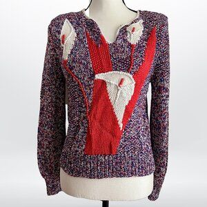 Vintage Calla Lily Knit Sweater Orange & White Size Small